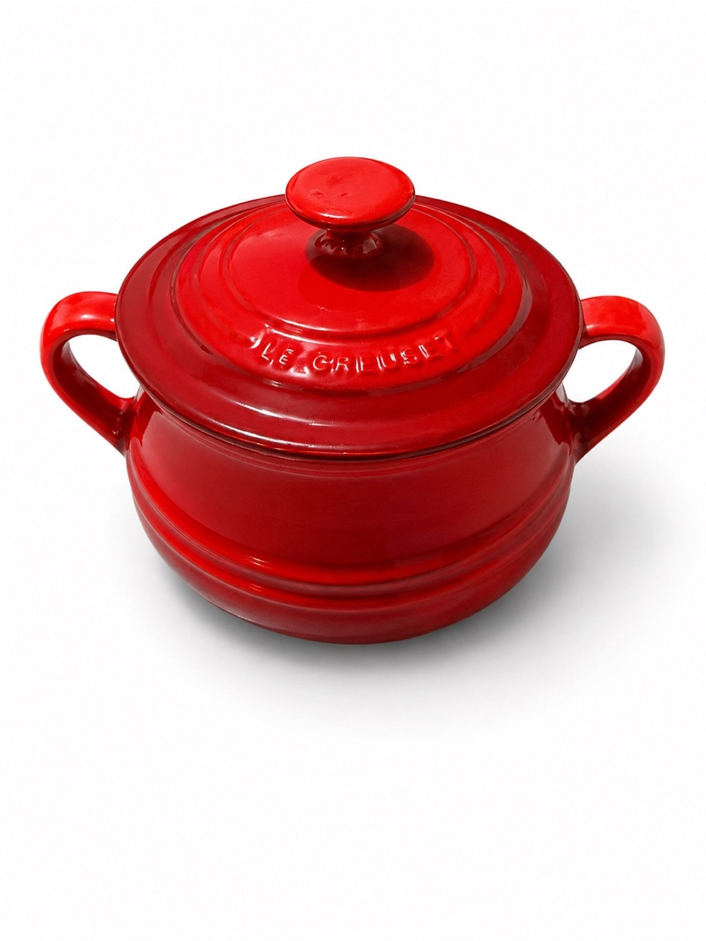 Le Creuset Stoneware Red Mini Casserole Bean Pot Soup Bowl w/ Lid Handles 16oz